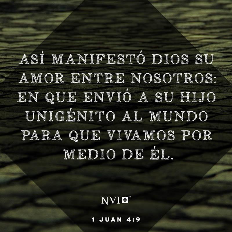 Así manifestó Dios su amor entre nosotros: en que envió a su Hijo unigénito al mundo para que vivamos por medio de él. 1 Juan 4:9 